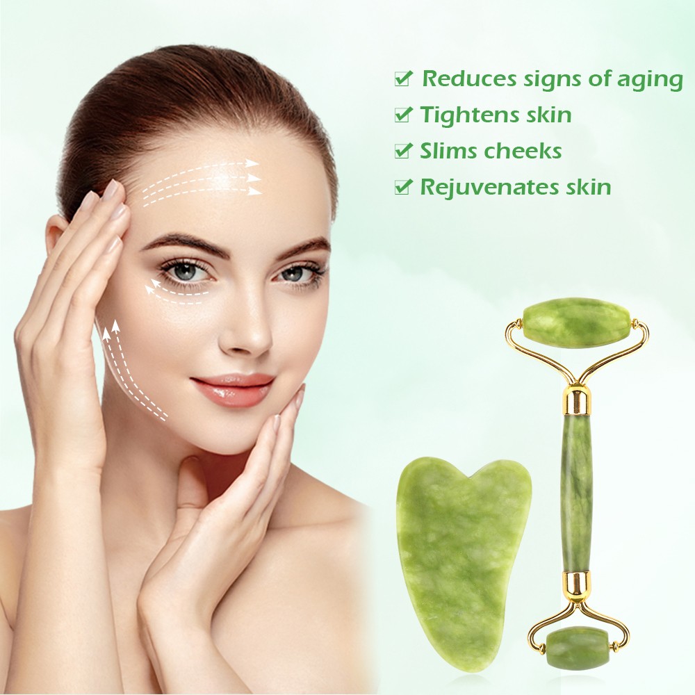 2in1 Hsiuyen jade Scrapping stone set Natural Facial Massager Face Roller Gua... view 2